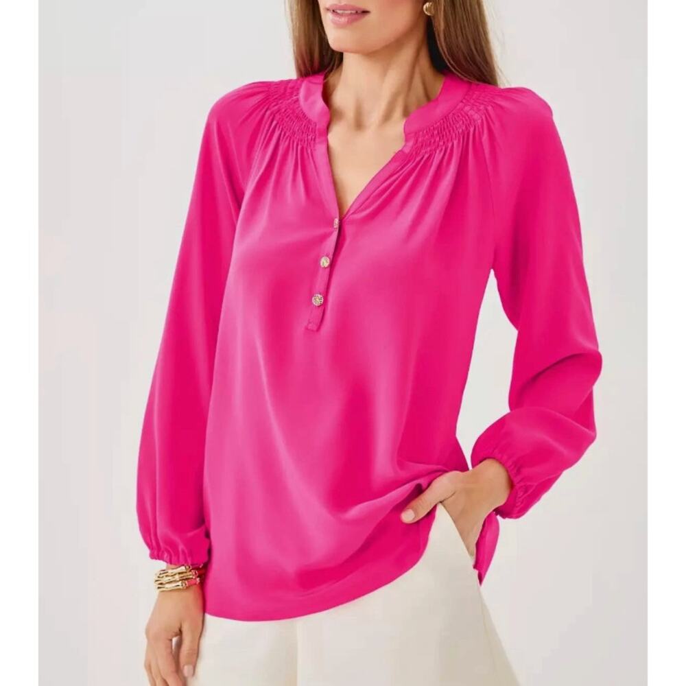 Lilly Pulitzer Elsa Silk Tunic Blouse Smocked Top M Coastal Preppy Luxury Boho - Picture 1 of 7